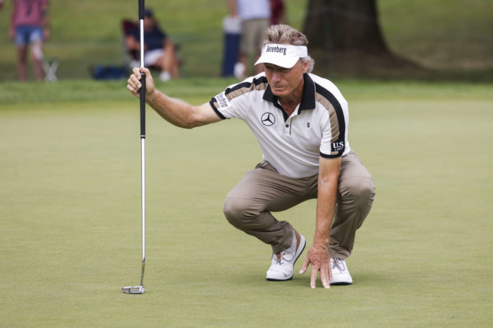 ENDICOTT, NY - AUGUST 21: tour news Bernhard Langer of Germany lines up a putt on the first green during the final round of the DICK'S Sporting Goods Open at En-Joie Golf Club on August 21, 2022 in Endicott, New York. tour news (Photo by Ryan Young/Getty Images)