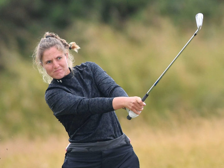 TROON, SCOTLAND - JULY 31: Leonie Harm of Germany plays her second shot at the 1st hole during the final round of the Trust Golf Women's Scottish Open at Dundonald Links Golf Course on July 31, 2022 in Troon, Scotland. tour news (Photo by Mark Runnacles/Getty Images)