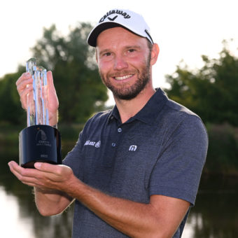 PRAGUE, CZECH REPUBLIC - AUGUST 21: Maximilian Kieffer of Germany with the trophy after winning the D+D Real Czech Masters at Albatross Golf Resort on August 21, 2022 in Prague, Czech Republic. tour news (Photo by Ross Kinnaird/Getty Images)