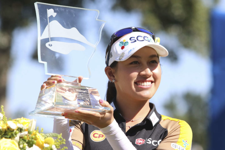 ROGERS, AR - SEPTEMBER 25: Atthaya Thitikul (THA) holds the championship trophy after winning the Walmart NW Arkansas Championship at Pinnacle Country Club on September 25, 2022 in Rogers, AR. (Photo by Andy Altenburger/Icon Sportswire via Getty Images) tour news