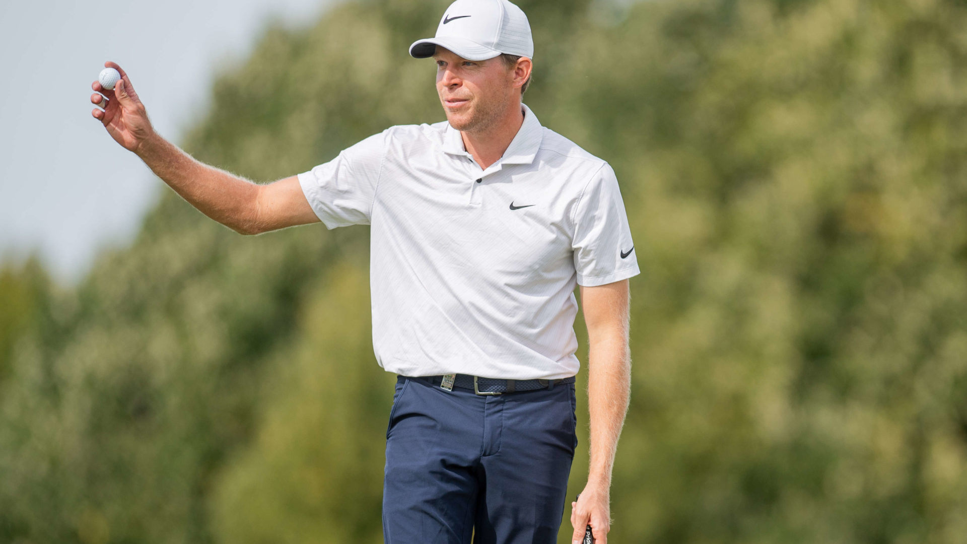 Alexander Knappe of Germany gestures after making his final putt at the 18th hole and finishing off at -20 on Day Four of the B-NL Challenge Trophy by Hulencourt at Hulencourt on September 4, 2022 in Genappe, Belgium. tour news (Photo by Neil Baynes/Getty Images)