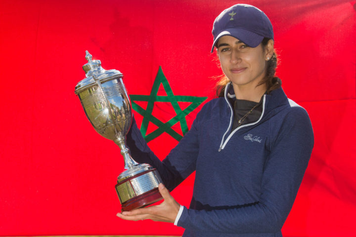 17/09/2022. tour news Ladies European Tour 2022. Lacoste Ladies Open De France, Golf Barrire, Deauville, Normandy. France. September 15-17 2022. Ines Laklalech of Morocco with her trophy. Credit: Tristan Jones/LET