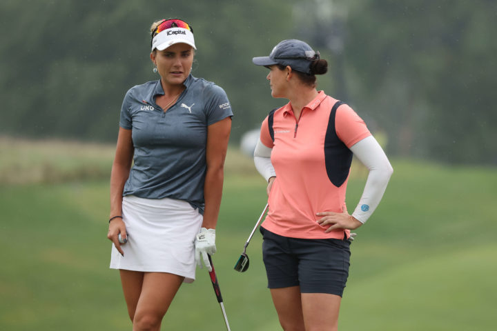 SYLVANIA, OHIO - SEPTEMBER 04: Lexi Thompson talks with Caroline Masson of Germany during the final round of the Dana Open presented by Marathon at Highland Meadows Golf Club September 04, 2022 in Sylvania, Ohio. (Photo by Gregory Shamus/Getty Images)