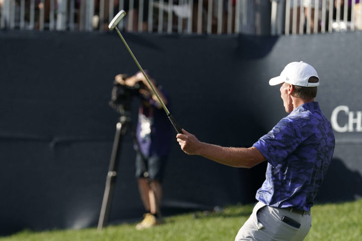 SIOUX FALLS, SOUTH DAKOTA - SEPTEMBER 18: Steve Stricker of United States celebrates after making a birdie putt on the 18th green to win the Sanford International at Minnehaha Country Club on September 18, 2022 in Sioux Falls, South Dakota. Stricker defeated Robert Karlsson of Sweden in a one-hole playoff. tour news (Photo by Patrick McDermott/Getty Images)