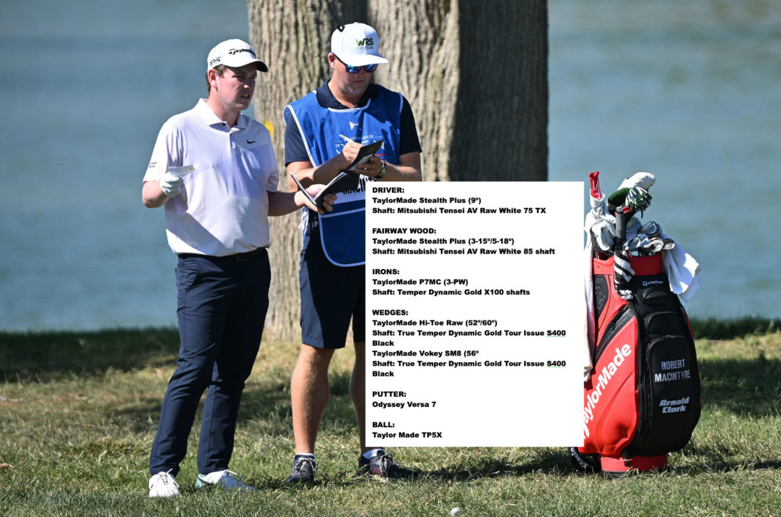 ROME, ITALY - tour news SEPTEMBER 18: Robert MacIntyre of Scotland with his caddie on the 9th hole on Day Four of the DS Automobiles Italian Open 2022 at Marco Simone Golf Club on September 18, 2022 in Rome, Italy. (Photo by Stuart Franklin/Getty Images)