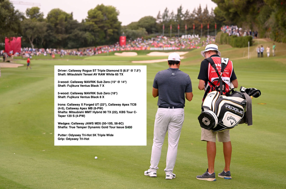 CADIZ, SPAIN - OCTOBER 16: tour news Adrian Otaegui of Spain speaks to their caddie as they prepare to play their shot on the 17th hole on day four of the Estrella Damm N.A. Andalucía Masters at Real Club Valderrama on October 16, 2022 in Cadiz, Spain.tour news (Photo by Ross Kinnaird/Getty Images)