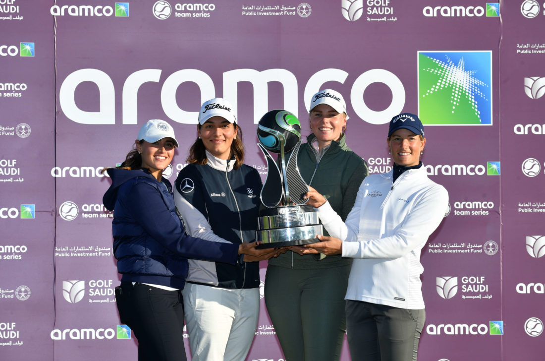 15/10/2022. tour news Ladies European Tour 2022. Aramco Team Series, Trump Golf Links at Ferry Point, New York, United States. October 13-15 2022. Johanna Gustavsson of Sweden, Jessica Karlsson of Sweden, Karolin Lampert of Germany and Jeniffer Rosenberg of United States (a). Team Gustavsson poses with the trophy as they win the team event during the Aramco Team Series.. Credit: Mark Runnacles/LET