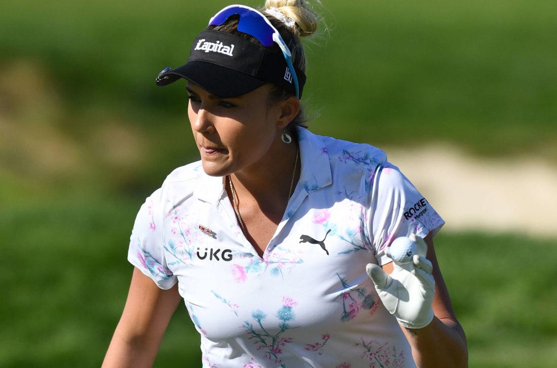 15/10/2022. Ladies European Tour 2022. Aramco Team Series, Trump Golf Links at Ferry Point, New York, United States. October 13-15 2022. Lexi Thompson of the USA at the 12th hole. tour news Credit: Mark Runnacles/LET