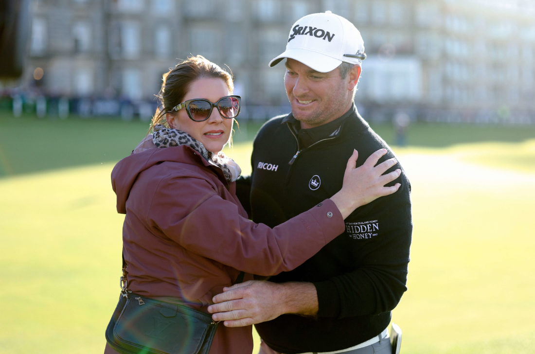 ST ANDREWS, tour news SCOTLAND - OCTOBER 02: Ryan Fox of New Zealand embraces their Wife, Anneke after finishing their round on Day Four of the Alfred Dunhill Links Championship on the Old Course St. Andrews on October 02, 2022 in St Andrews, Scotland. (Photo by Richard Heathcote/Getty Images)