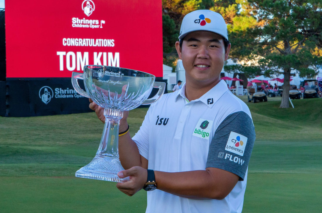 LAS VEGAS, NV - OCTOBER 09: Tom Kim celebrates after winning the Shriners Children's Open on October 9, 2022, at TPC Summerlin in Las Vegas, NV. tour news (Photo by Matthew Bolt/Icon Sportswire)