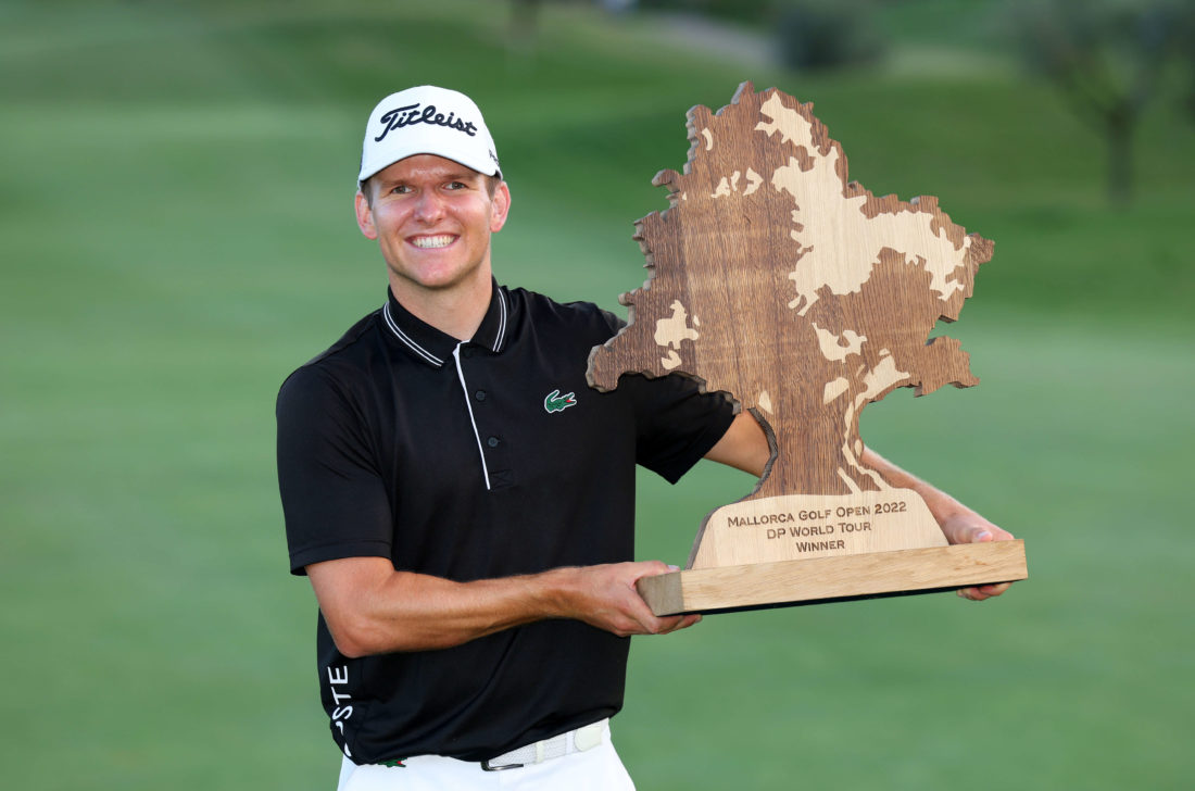 PALMA DE MALLORCA, SPAIN - tour news OCTOBER 23: Yannik Paul of Germany poses for a photo with the trophy following their victory at the Mallorca Golf Open at Son Muntaner Golf Club on October 23, 2022 in Palma de Mallorca, Spain. tour news (Photo by Andrew Redington/Getty Images)