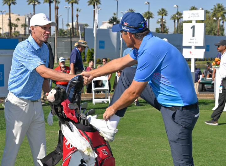 PHOENIX, ARIZONA - NOVEMBER 13: Steven Alker of New Zealand shakes hands with Pádraig Harrington of Ireland on the first tee box during the final round of the PGA TOUR Champions Charles Schwab Cup Championship at Phoenix Country Club on November 13, 2022 in Phoenix, Arizona. (Photo by Ben Jared/PGA TOUR via Getty Images)