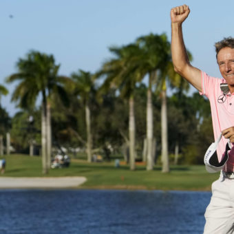 BOCA RATON, FLORIDA - NOVEMBER 06: Bernhard Langer of Germany celebrates on the 18th green during the final round of the TimberTech Championship at Royal Palm Yacht & Country Club on November 06, 2022 in Boca Raton, Florida. tour news (Photo by Raj Mehta/Getty Images)