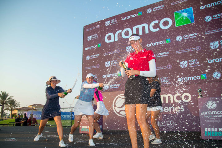 12/11/2022.tour news Ladies European Tour 2022. Aramco Team Series presented by Public Investment Fund, Jeddah, Royal Greens Golf and Country Club, King Abdullah Economic City, Jeddah, Saudi Arabia. November 10-12 2022. Chiara Noja of Germany is showered with sparkling non alcoholic drink. Credit: Tristan Jones / LET