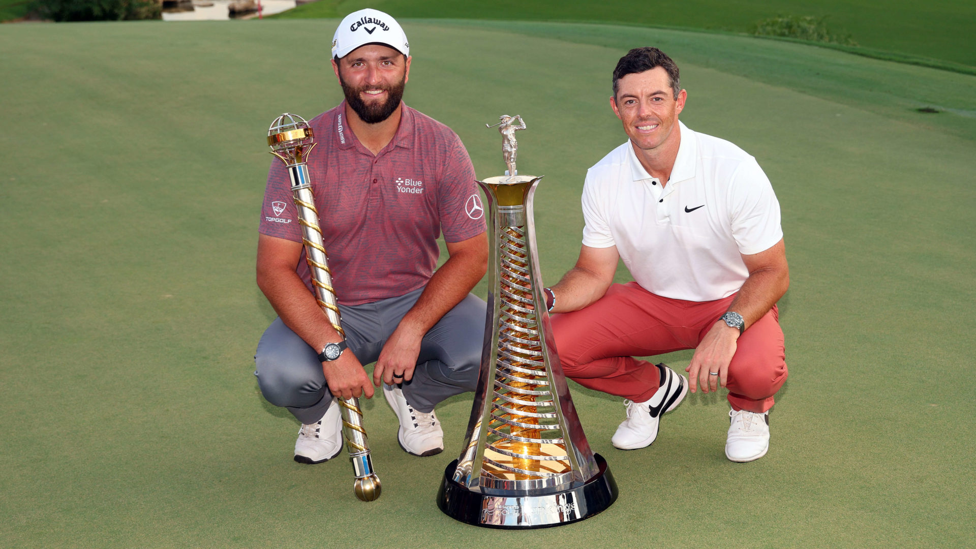 DUBAI, UNITED ARAB EMIRATES - NOVEMBER 20: Rory McIlroy of Northern Ireland poses with the Harry Vardon trophy during Day Four of the DP World Tour Championship on the Earth Course at Jumeirah Golf Estates on November 20, 2022 in Dubai, United Arab Emirates.tour new s (Photo by Andrew Redington/Getty Images)