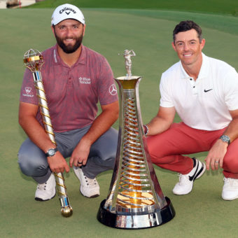 DUBAI, UNITED ARAB EMIRATES - NOVEMBER 20: Rory McIlroy of Northern Ireland poses with the Harry Vardon trophy during Day Four of the DP World Tour Championship on the Earth Course at Jumeirah Golf Estates on November 20, 2022 in Dubai, United Arab Emirates.tour new s (Photo by Andrew Redington/Getty Images)