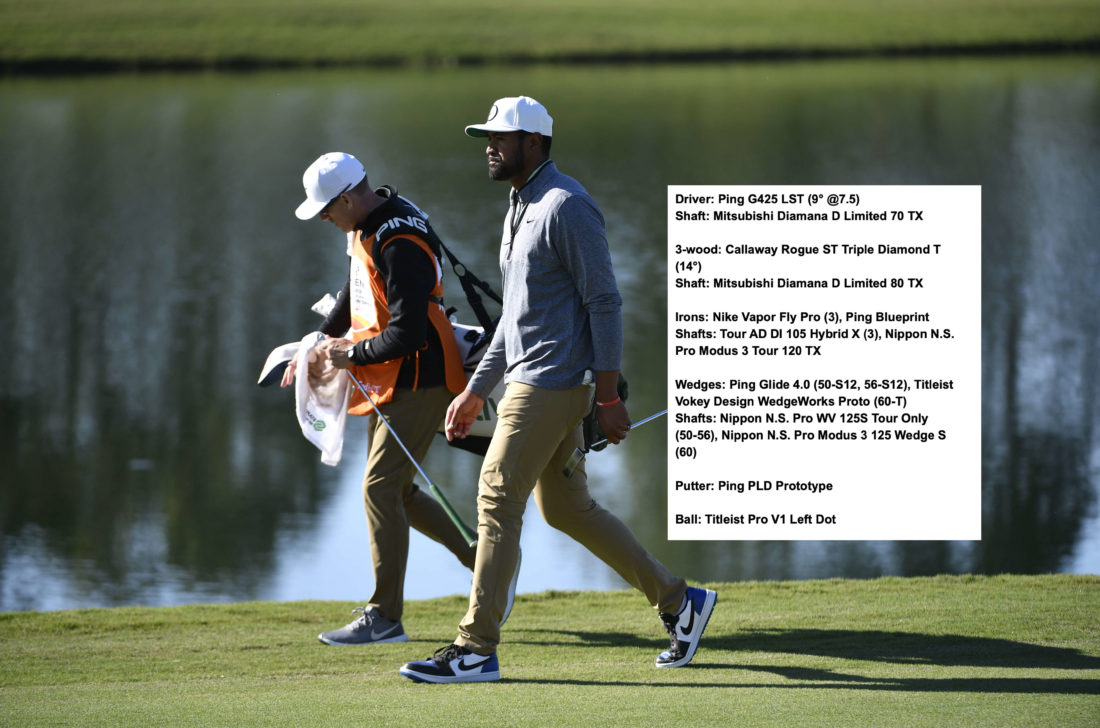 HOUSTON, TEXAS - NOVEMBER 13: Tony Finau of the United States and his caddie Mark Urbanek walk on the 17th hole during the final round of the Cadence Bank Houston Open at Memorial Park Golf Course on November 13, 2022 in Houston, Texas. tour news (Photo by Logan Riely/Getty Images)