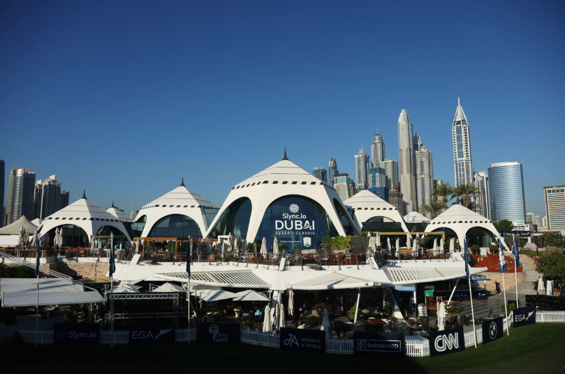 DUBAI, UNITED ARAB EMIRATES - JANUARY 24: A general view of the clubhouse during previews prior to the Slync.io Dubai Desert Classic at Emirates Golf Club on January 24, 2022 in Dubai, United Arab Emirates. (Photo by Andrew Redington/Getty Images)