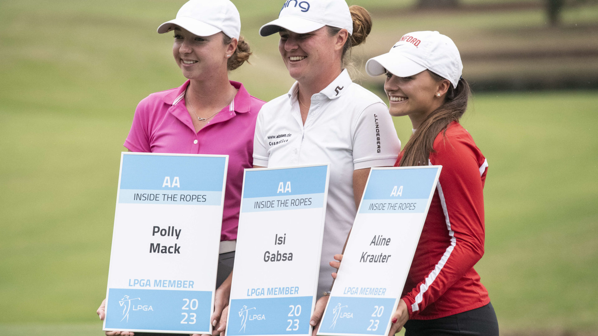DOTHAN, AL - DECEMBER 11: Polly Mack, Isi Gabsa and Aline Krauter of Germany pose with their tour cards after the final round of the 2022 LPGA Q-Series - Dothan at Highland Oaks Golf Course on December 11, 2022 in Dothan, Alabama. tour news (Photo by Hannah Ruhoff/Getty Images)