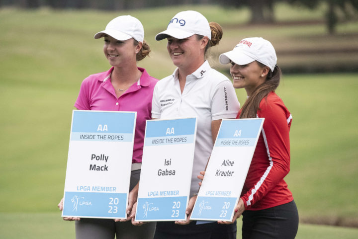 DOTHAN, AL - DECEMBER 11: Polly Mack, Isi Gabsa and Aline Krauter of Germany pose with their tour cards after the final round of the 2022 LPGA Q-Series - Dothan at Highland Oaks Golf Course on December 11, 2022 in Dothan, Alabama. tour news (Photo by Hannah Ruhoff/Getty Images)