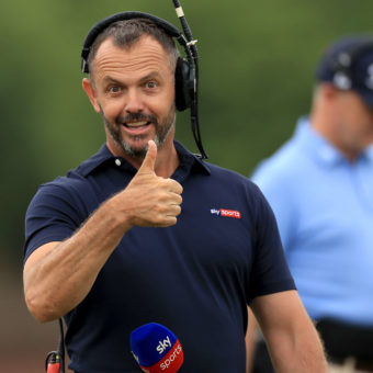 DUBAI, UNITED ARAB EMIRATES - NOVEMBER 21; Andrew Coltart of Scotland working on course for Sky television during the first round of the DP World Tour Championship Dubai on The Earth Course at Jumeirah Golf Estates on November 21, 2019 in Dubai, United Arab Emirates. (Photo by David Cannon/Getty Images)