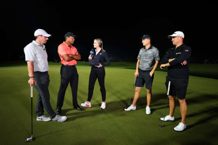 BELLEAIR, FLORIDA - DECEMBER 10: (L-R) Rory McIlroy of Northern Ireland and Tiger Woods of the United States talk with with Jordan Spieth of the United States and Justin Thomas of the United States and Kathryn Tappen after Spieth and Thomas defeated McIlroy and Woods during The Match 7 at Pelican Golf Club on December 10, 2022 in Belleair, Florida. (Photo by Mike Ehrmann/Getty Images for The Match) tour news