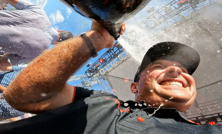 DORAL, FLORIDA - OCTOBER 30: Patrick Reed of 4 Aces GC celebrates their team win on stage during the team championship stroke-play round of the LIV Golf Invitational - Miami at Trump National Doral Miami on October 30, 2022 in Doral, Florida. (Photo by Jonathan Ferrey/LIV Golf via Getty Images)