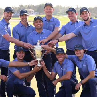 ABU DHABI, UNITED ARAB EMIRATES - JANUARY 15: The Continental Europe team celebrate with the Hero Cup trophy after the singles matches on day three of the Hero Cup at Abu Dhabi Golf Club on January 15, 2023 in Abu Dhabi, United Arab Emirates. tour news (Photo by Ross Kinnaird/Getty Images)