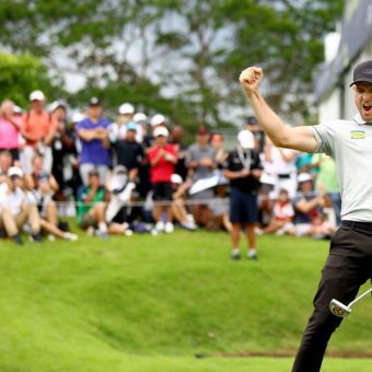 SINGAPORE, SINGAPORE - FEBRUARY 12: Marcel Schneider of Germany celebrates after scoring eagle on the 18th hole during Day Four of the Singapore Classic at Laguna National Golf Resort Club on February 12, 2023 in Singapore. tour news (Photo by Yong Teck Lim/Getty Images)