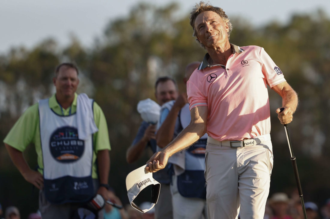 NAPLES, FLORIDA - FEBRUARY 19: Bernhard Langer of Germany reacts after sinking a putt for birdie on the 18th green to win the final round of the Chubb Classic and break the record for all time career wins at Tiburon Golf Club on February 19, 2023 in Naples, Florida. (Photo by Douglas P. DeFelice/Getty Images)tour news