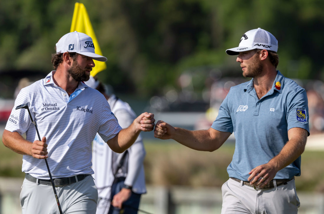 AUSTIN, TX - MARCH 26: Sam Burns and Cameron Young bump fists after the Finals of the PGA World Golf Championships Dell Technologies Match Play on March 26, 2023, at Austin County Club in Austin, TX. (Photo by David Buono/Icon Sportswire via Getty Images) tour news