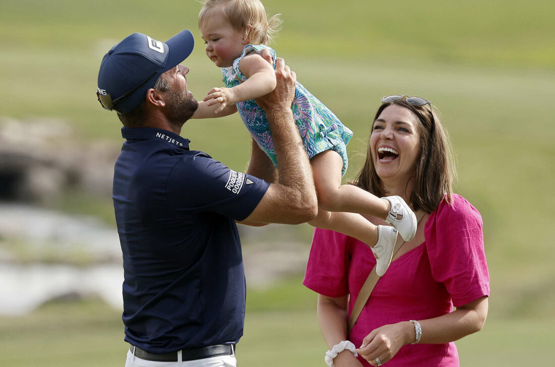 SAN ANTONIO, TEXAS - APRIL 02: tour news Corey Conners of Canada celebrates with wife Malory and daughter Reis after winning the Valero Texas Open at TPC San Antonio on April 02, 2023 in San Antonio, Texas. (Photo by Mike Mulholland/Getty Images)