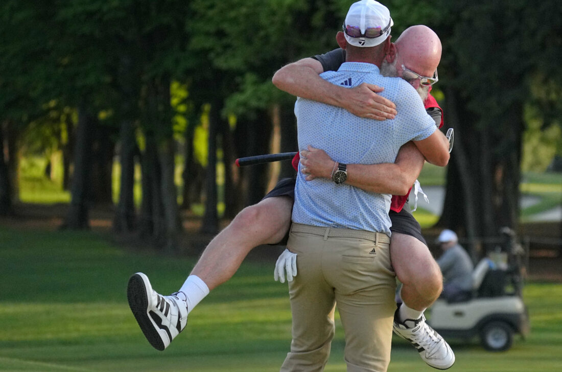 OMITAMA, JAPAN - APRIL 23: Lucas Herbert of Australia celebrates with his caddie after winning the tournament through the playoff during day four of the ISPS Handa - Championship at PGM Ishioka GC on April 23, 2023 in Omitama, Ibaraki, Japan. (Photo by Yoshimasa Nakano/Getty Images) tour news