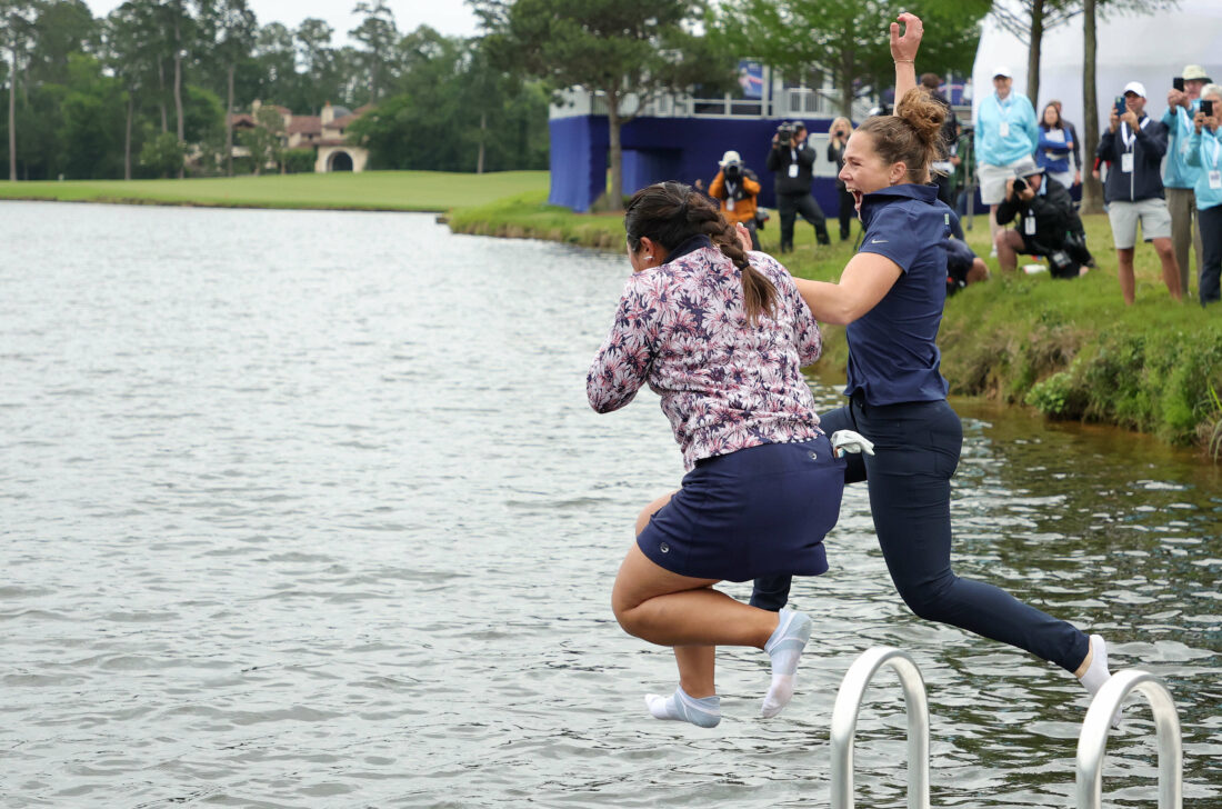 THE WOODLANDS, TEXAS - APRIL 23: Lilia Vu (L) of the United States jumps in the water after winning in a one-hole playoff against Angel Yin (not pictured) of the United States during the final round of The Chevron Championship at The Club at Carlton Woods on April 23, 2023 in The Woodlands, Texas. (Photo by Stacy Revere/Getty Images) tour news