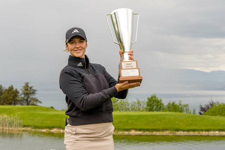13/05/2023. Ladies European Tour 2023. Jabra Ladies Open, Evian Resort Golf Club, Evian Les Bains, France-11- 13 May. Linn Grant of Sweden with her trophy. Credit: Tristan Jones/ LET tour news