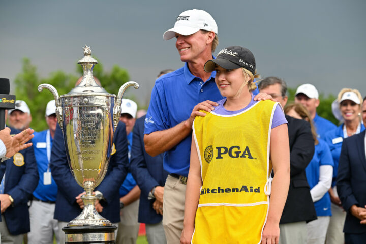 FRISCO, TX - MAY 28: Steve Stricker stands with his daughter Izzi Stricker next to The Alfred S. Bourne Trophy after winning the KitchenAid Senior PGA Championship at Fields Ranch East on Sunday, May 28, 2023 in Frisco, Texas. (Photo by Ryan Lochhead/PGA of America via Getty Images) tour news