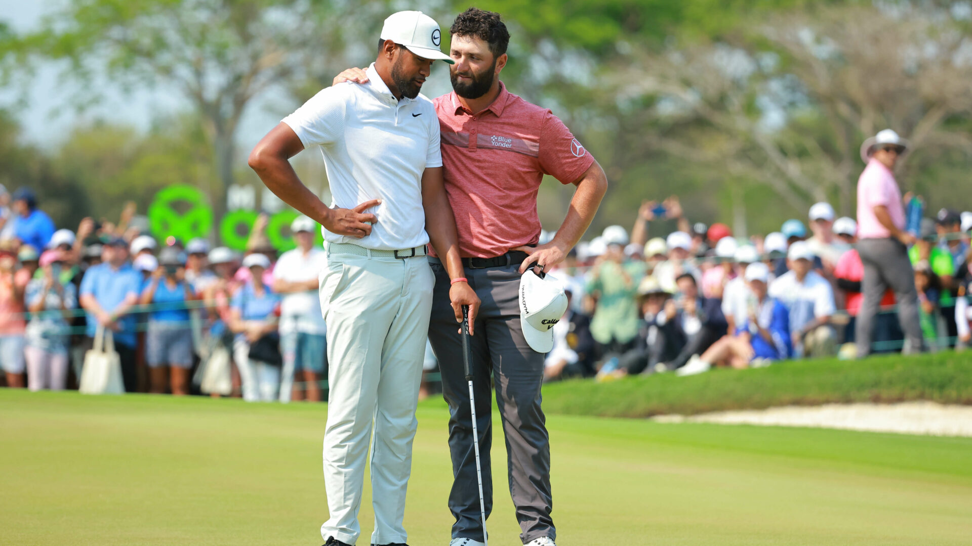 PUERTO VALLARTA, MEXICO - APRIL 30: Tony Finau (L) of the United States talks to Jon Rahm (R) of Spain after winning the Mexico Open at Vidanta on April 30, 2023 in Puerto Vallarta, Jalisco. (Photo by Hector Vivas/Getty Images) tour news