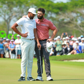 PUERTO VALLARTA, MEXICO - APRIL 30: Tony Finau (L) of the United States talks to Jon Rahm (R) of Spain after winning the Mexico Open at Vidanta on April 30, 2023 in Puerto Vallarta, Jalisco. (Photo by Hector Vivas/Getty Images) tour news