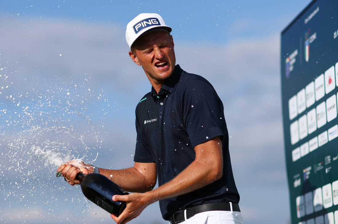 ROME, ITALY - MAY 07: Adrian Meronk of Poland sprays beverages in celebration of victory on the 18th green during Day Four of the DS Automobiles Italian Open at Marco Simone Golf Club on May 07, 2023 in Italy. (Photo by Naomi Baker/Getty Images) tour news