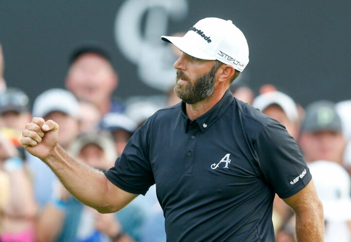 BROKEN ARROW, OKLAHOMA - MAY 14: Dustin Johnson of Aces GC celebrates after making a birdie putt during a playoff on the 18th hole during Day Three of the LIV Golf Invitational - Tulsa at Cedar Ridge Country Club on May 14, 2023 in Broken Arrow, Oklahoma. (Photo by Ian Maule/Getty Images) tour news