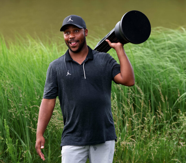 STERLING, VIRGINIA - MAY 28: Harold Varner III of RangeGoats GC poses with the trophy after winning the LIV Golf Invitational - DC at Trump National Golf Club on May 28, 2023 in Sterling, Virginia. (Photo by Rob Carr/Getty Images) tour news