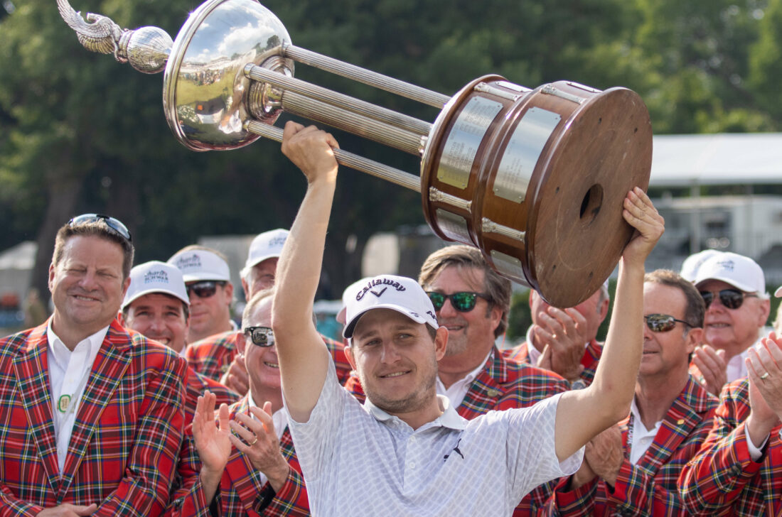 FT. WORTH, TX - MAY 28: Emiliano Grillo of Argentina celebrates with the Leonard Trophy on the 18th hole during the Final Round of the Charles Schwab Challenge at Colonial Country Club on May 28, 2023 in Ft. Worth, Texas. (Photo by Eston Parker/ISI Photos/Getty Images). tour news