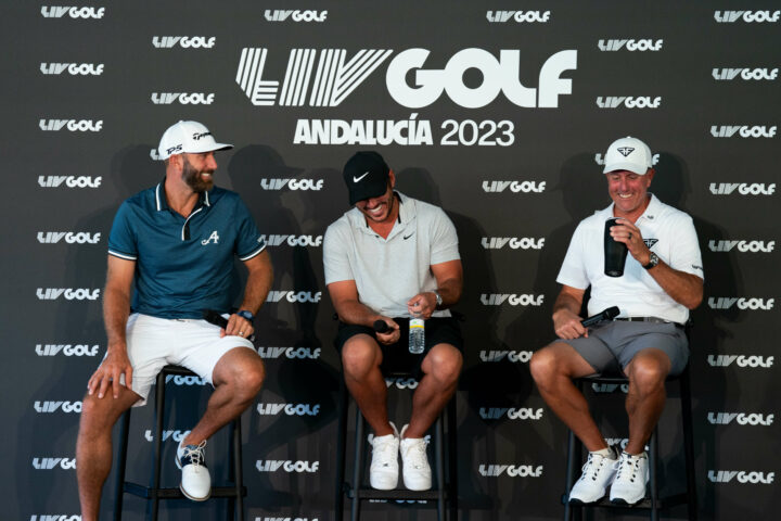 Captain Dustin Johnson of 4Aces GC, Captain Brooks Koepka of Smash GC and Captain Phil Mickelson of HyFlyers GC speak at a press conference during the practice round ahead of LIV Golf Andalucía at the Real Club Valderrama on Wednesday, June 28, 2023 in San Roque, Spain. (Photo by Hailey Garrett/LIV Golf)