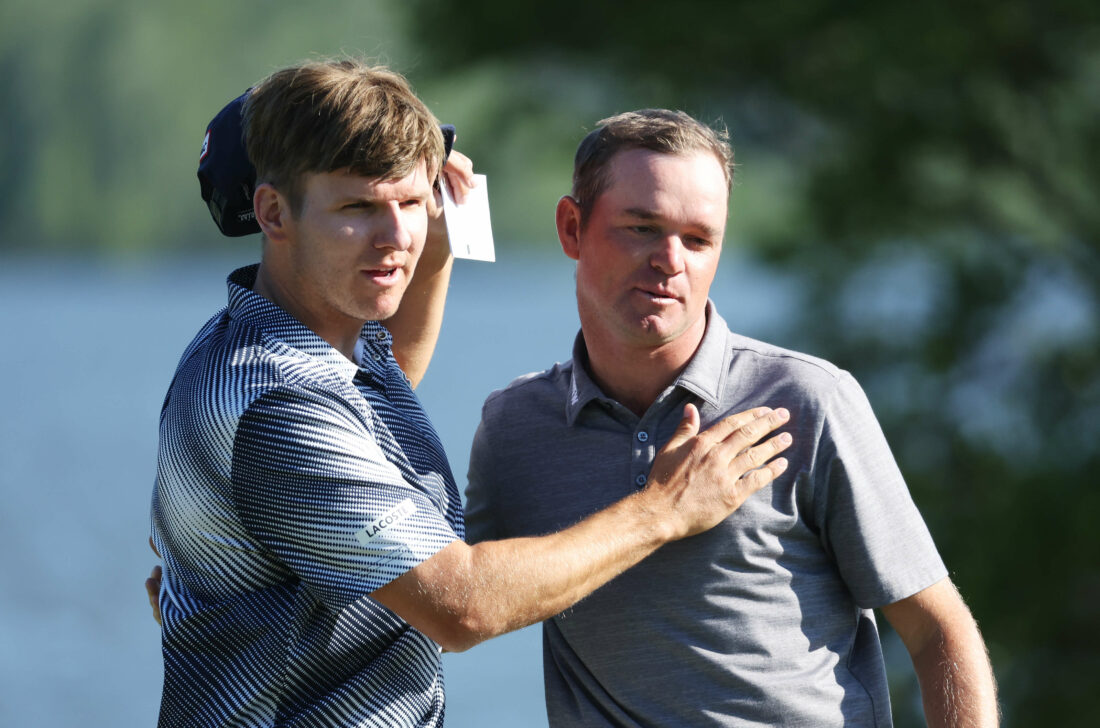 STOCKHOLM, SWEDEN - JUNE 11: Dale Whitnell of England shakes hands with Yannik Paul of Germany after finishing their round on the eighteenth green during Day Four of the Volvo Car Scandinavian Mixed at Ullna Golf & Country Club on June 11, 2023 in Sweden. (Photo by Matthew Lewis/Getty Images) tour news