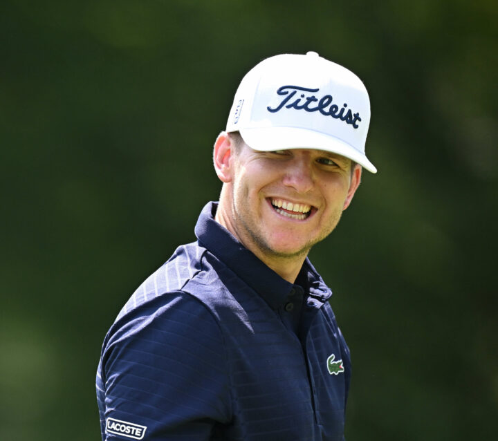 MUNICH, GERMANY - JUNE 21: Yannik Paul of Germany and caddie in the pro-am prior to the BMW International Open at Golfclub Munchen Eichenried on June 21, 2023 in Germany. (Photo by Stuart Franklin/Getty Images)