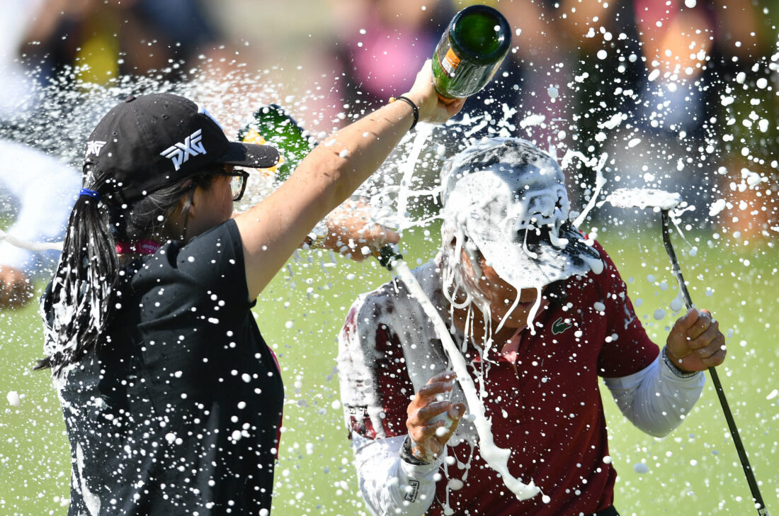 30/07/2023. Ladies European Tour 2023. Evian Championship. Evian Resort Golf Club, Evian Les Bains. France, 27 -30 July. Celine Boutier of France reacts as she wins the Evian Championship.. Credit: Mark Runnacles / LET tour news