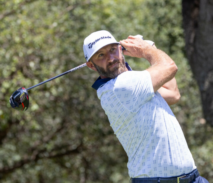 Captain Dustin Johnson of 4Aces GC hits his shot from the seventh tee during the first round of LIV Golf Andalucía at the Real Club Valderrama on Friday, June 30, 2023 in San Roque, Spain. (Photo by Chris Trotman/LIV Golf)
