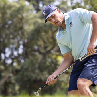 Captain Bryson DeChambeau of Crushers GC reacts to his putt on the 12th green during the second round of LIV Golf Andalucía at the Real Club Valderrama on Saturday, July 01, 2023 in San Roque, Spain. (Photo by Chris Trotman/LIV Golf)