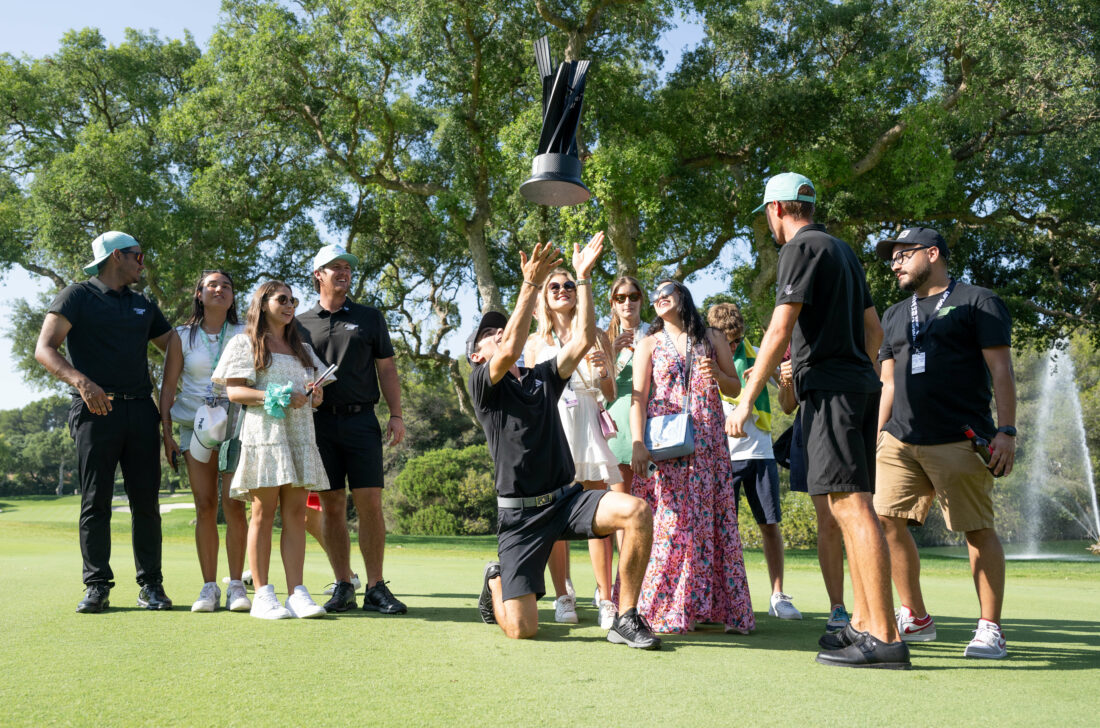 tour news Captain Joaquín Niemann of first place team champions Torque GC celebrates with the trophy alongside teammates and guests after the trophy ceremony of LIV Golf Andalucía at the Real Club Valderrama on Sunday, July 02, 2023 in San Roque, Spain. (Photo by Charles Laberge/LIV Golf)