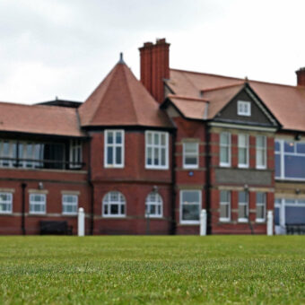 The Claret Jug, the trophy for the Champion Golfer of the Year, is pictured on the first fairway, during a preview ahead of the 151st British Open Golf Championship at Royal Liverpool Golf Course in Hoylake, north west England on April 19, 2023. - The Royal Liverpool Golf Course will host The 151st Open from July 20 to 23, 2023. (Photo by Paul ELLIS / AFP) / EDITORIAL USE ONLY (Photo by PAUL ELLIS/AFP via Getty Images)